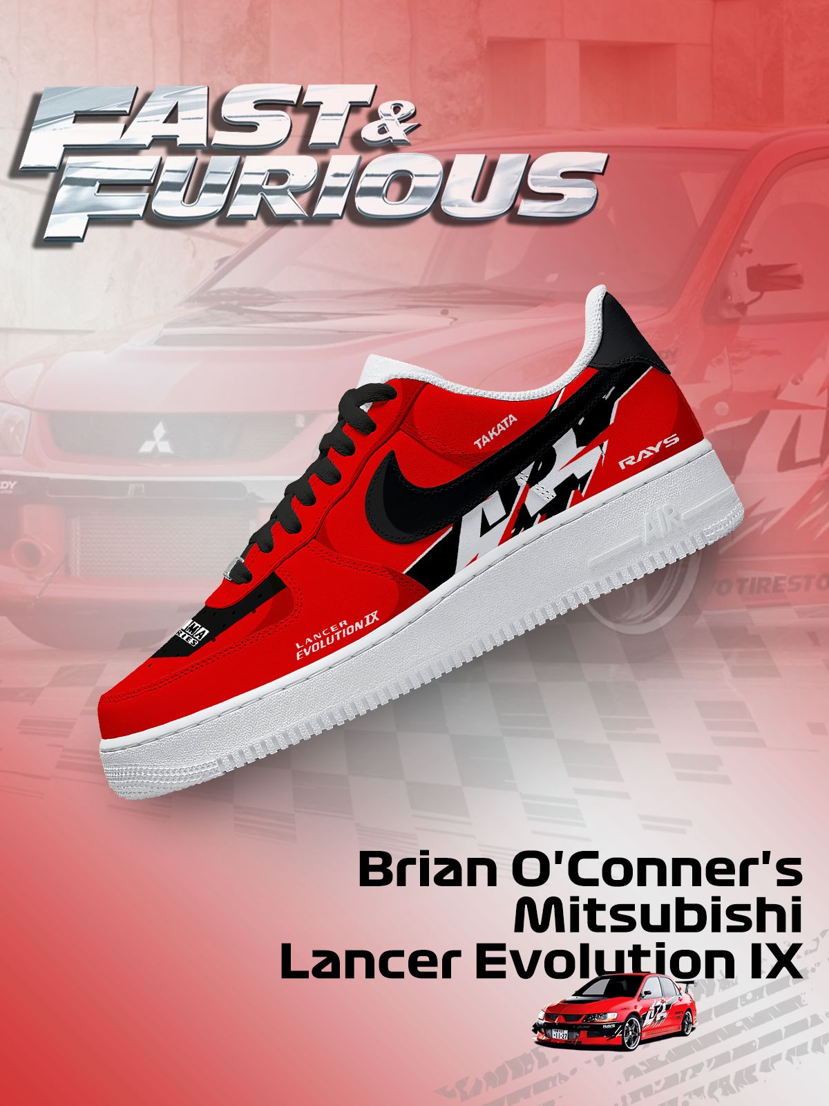 Custom Printed Brian O'Conner's Lancer Evolution IX Sneakers For Women and Men